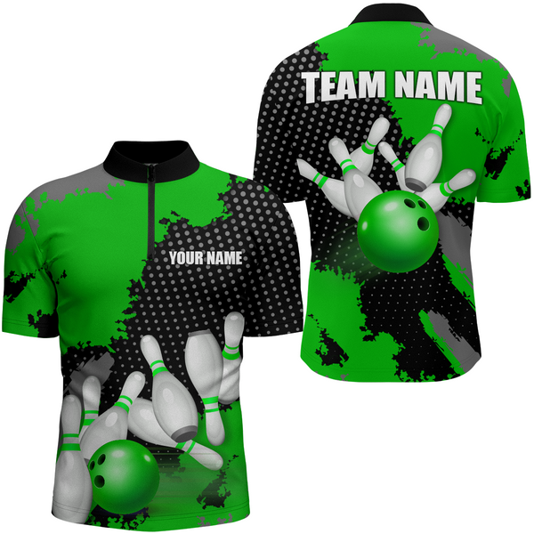 Maxcorners Green Bowling Jersey Men Women Custom Bowling Team Shirts Unisex Bowling Polo Quarter-Zip