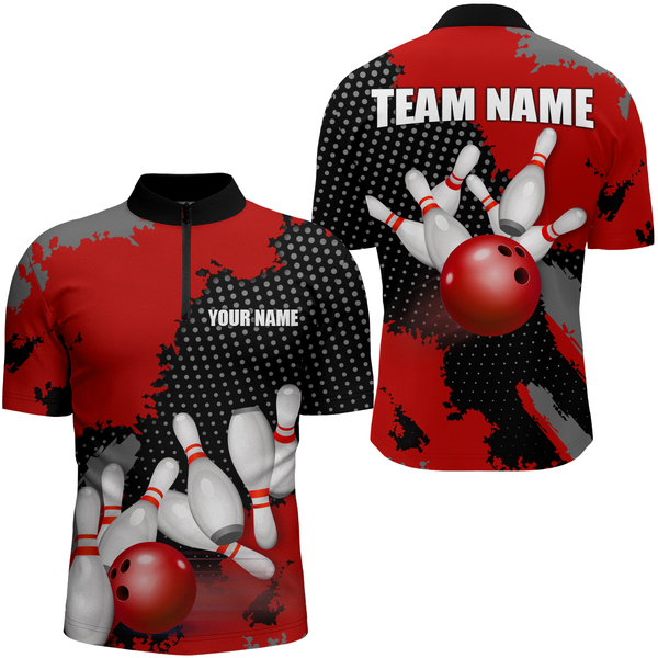 Maxcorners Red Bowling Jersey Men Women Custom Bowling Team Shirts Unisex Bowling Polo Quarter-Zip