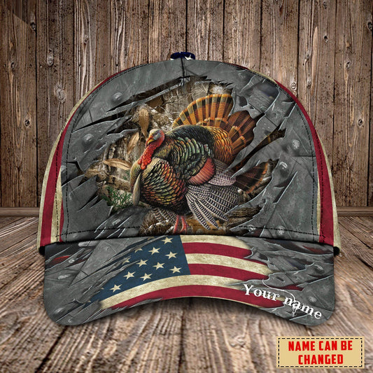 Maxcorners Personalized Name Turkey Hunting With American Flag Cap, Birthday Gift Father's Day Gift For Grandpa Dad Husband Son LM0402