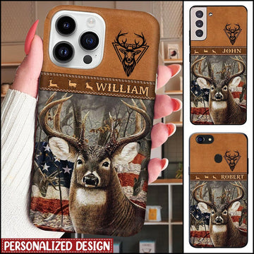 Maxcorners Deer Brown Leather Pattern Personalized Name Phone Case LM1012
