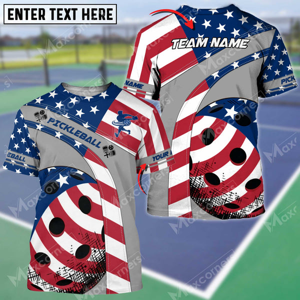 Maxcorners Personalized Name Pickleball US Flag 3D Shirt