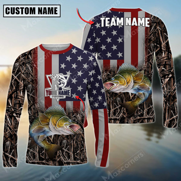 Maxcorners Personalized Name Walleye Fishing Long Sleeve Shirt