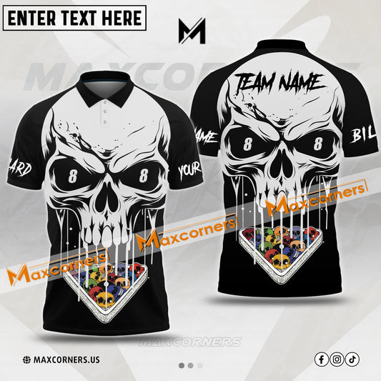 Maxcorners Billiards Skull Halloween Sport Jersey Multicolor Options Personalized Name, Team Name 3D Polo Shirt (4 Colors)