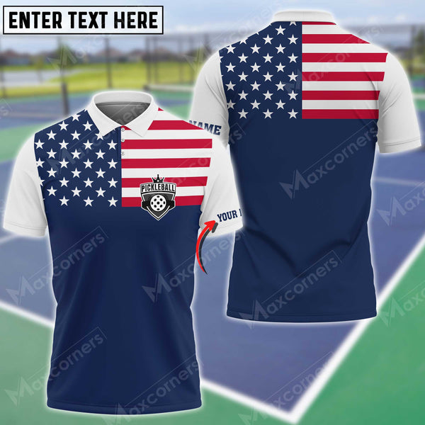 MaxCorners Personalized Name Pickleball US Flag 3D Polo Shirt