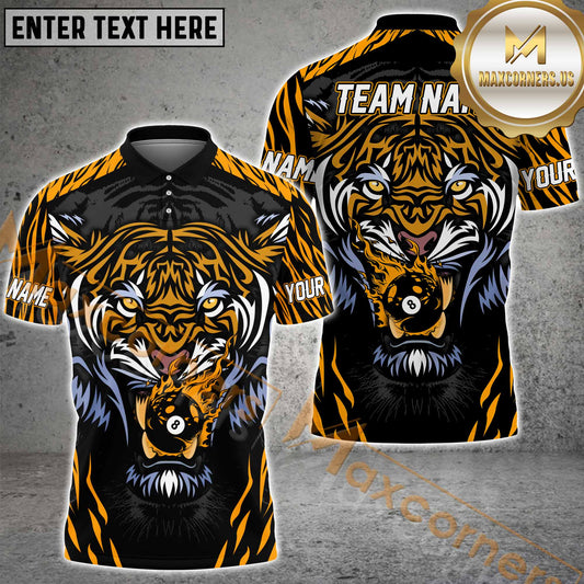 Maxcorners Vivid Tiger Billiard Jersey Multicolor Options Personalized Name, Team Name 3D Polo Shirt (4 Colors)
