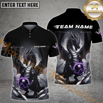 Maxcorners Custom Black And Purple Dragon Bowling Team Polo Shirts For Men, Dragon Bowling Jerseys