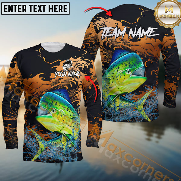 Maxcorners Mahi Mahi Fishing Jersey Fire Wave Design Personalized Name, Team Name 3D Long Sleeve Shirt