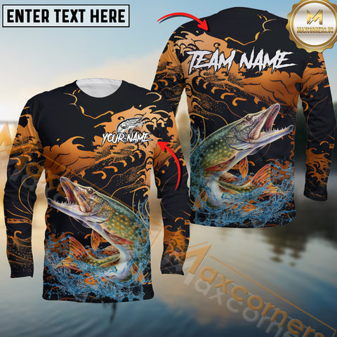 Maxcorners Pike Fishing Jersey Fire Wave Design Personalized Name, Team Name 3D Long Sleeve Shirt