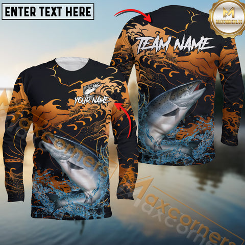 Maxcorners Salmon Fishing Jersey Fire Wave Design Personalized Name, Team Name 3D Long Sleeve Shirt