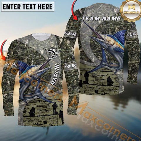 Maxcorners Marlin Fishing Jersey Realistic Neon Fish & Camo Personalized Name, Team Name 3D Long Sleeve Shirt