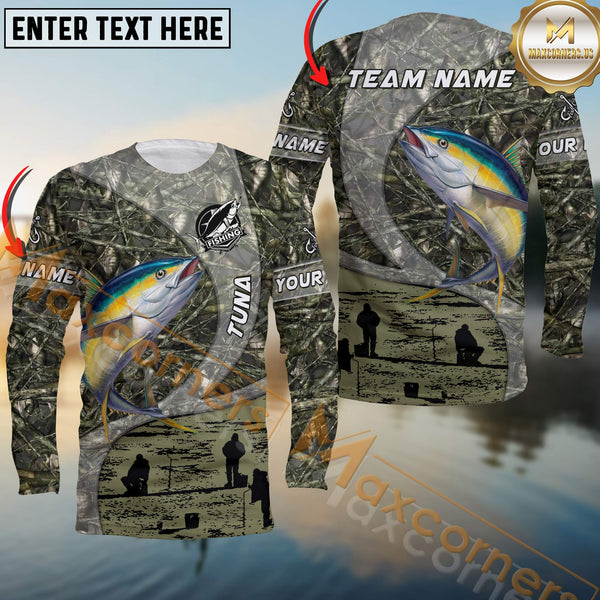 Maxcorners Tuna Fishing Jersey Realistic Neon Fish & Camo Personalized Name, Team Name 3D Long Sleeve Shirt