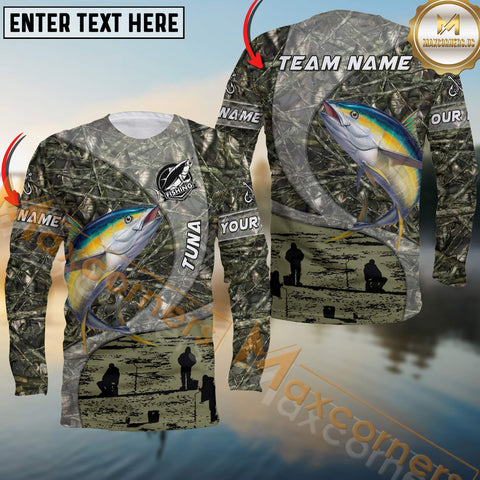 Maxcorners Tuna Fishing Jersey Realistic Neon Fish & Camo Personalized Name, Team Name 3D Long Sleeve Shirt