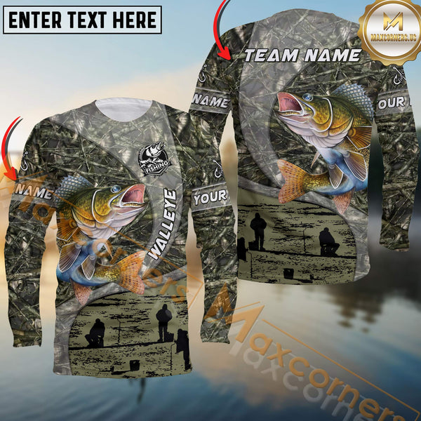 Maxcorners Walleye Fishing Jersey Realistic Neon Fish & Camo Personalized Name, Team Name 3D Long Sleeve Shirt