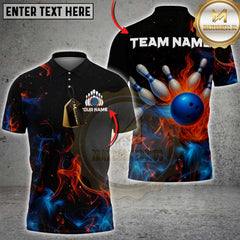 Maxcorners Blue and Orange Flame Bowling Polo, Quarter Zip Shirts for Men Custom Team bowling outfit uniform LM1625
