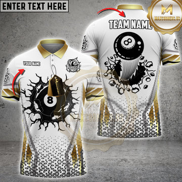 Maxcorners Billiards White & Gold 8-Ball Multicolor Customized Name, Team Name 3D Shirt
