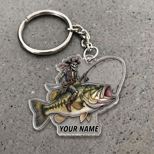 Maxcorners Largemouth Bass Fishing Pirate Skull Angler Personalized Name 3D Keychain And Ornament