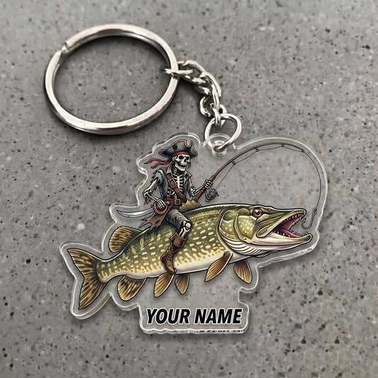Maxcorners Pike Fishing Pirate Skull Angler Personalized Name 3D Keychain And Ornament