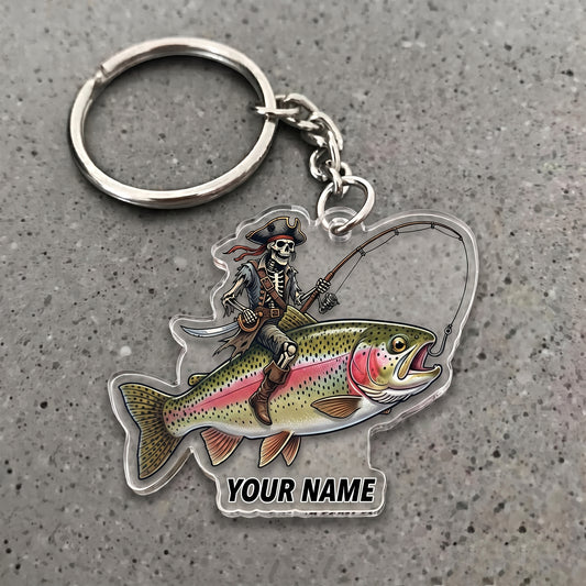Maxcorners Trout Fishing Pirate Skull Angler Personalized Name 3D Keychain And Ornament
