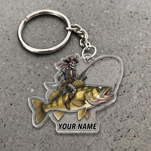 Maxcorners Walleye Fishing Pirate Skull Angler Personalized Name 3D Keychain And Ornament