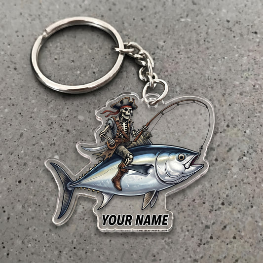 Maxcorners Tuna Fishing Pirate Skull Angler Personalized Name 3D Keychain And Ornament