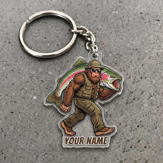 Maxcorners Trout Fishing Bigfoot Angler Personalized Name 3D Keychain And Ornament