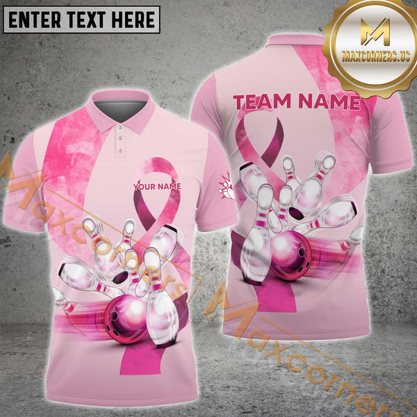 Maxcorners Bowling Ball And Pins Pink Ribbons PatternCustomized Name, Team Name 3D Shirt