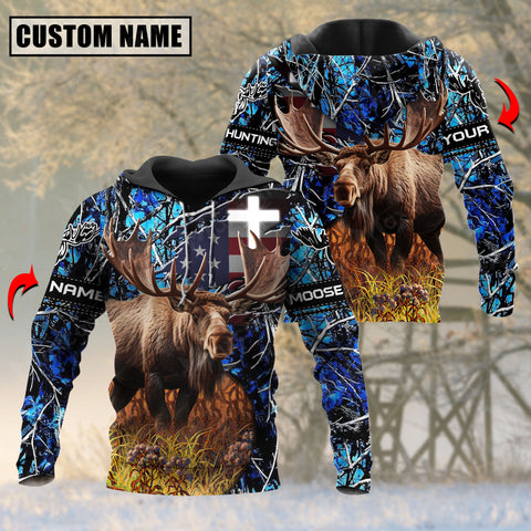 Maxcorners Blue Wilderness Moose Hunting Custom Name Shirt 3D All Over Printed Clothes