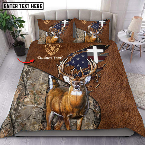 Maxcorners Custom Text Deer Hunting USA Flag Bedding Set 3D All Over Printed