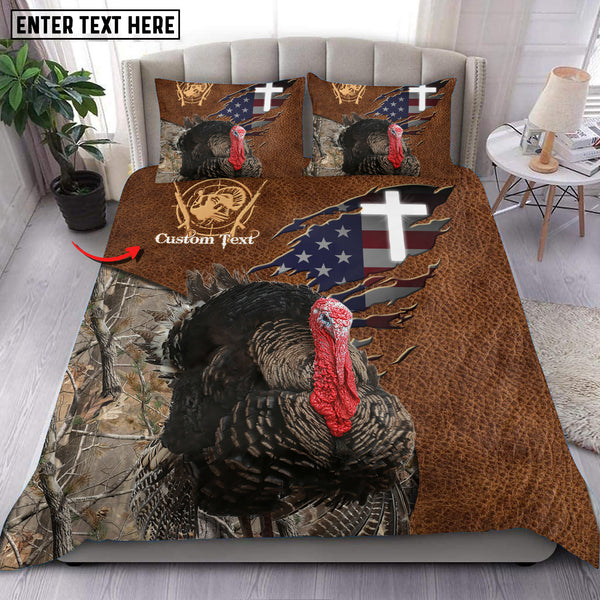 Maxcorners Custom Text Turkey Hunting USA Flag Bedding Set 3D All Over Printed