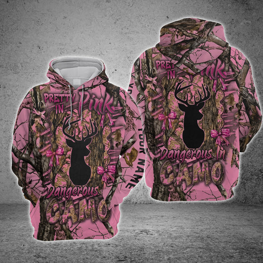 Maxcorners Hunting Deer Antlers Pink Woodland Camo Personalized 3D Shirts