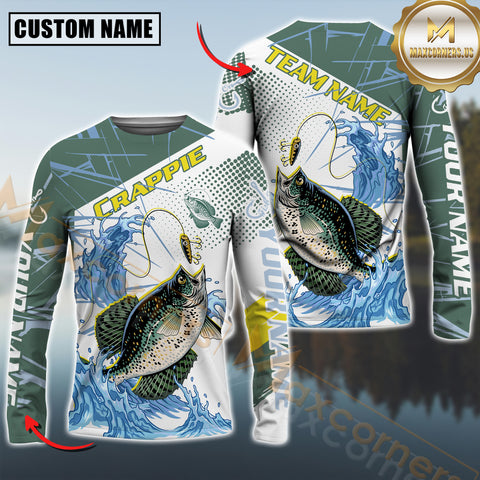 Maxcorners Crappie Fishing Jersey Blue Gold Splash Personalized Name, Team Name 3D Long Sleeve Shirt