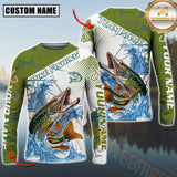 Maxcorners Pike Fishing Jersey Blue Gold Splash Personalized Name, Team Name 3D Long Sleeve Shirt
