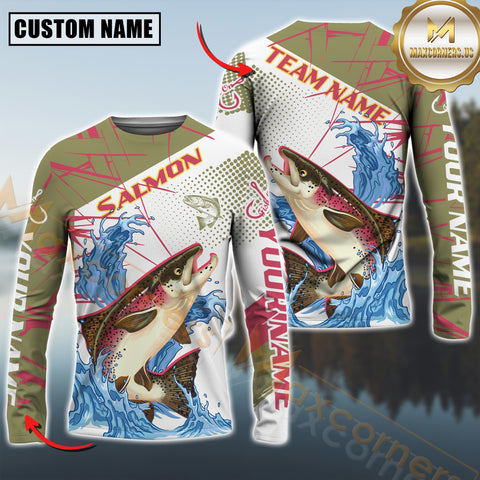 Maxcorners Salmon Fishing Jersey Yellow Splash Personalized Name, Team Name 3D Long Sleeve Shirt