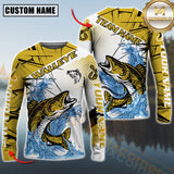 Maxcorners Walleye Fishing Jersey Yellow Splash Personalized Name, Team Name 3D Long Sleeve Shirt