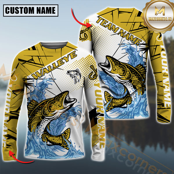 Maxcorners Walleye Fishing Jersey Yellow Splash Personalized Name, Team Name 3D Long Sleeve Shirt