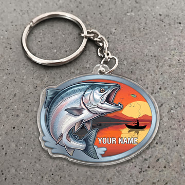 Maxcorners Salmon Fishing Sunset Angler Personalized Name 3D Keychain And Ornament