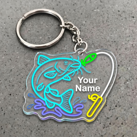 Maxcorners Catfish Fishing Neon Water Splash Personalized Name 3D Keychain And Ornament