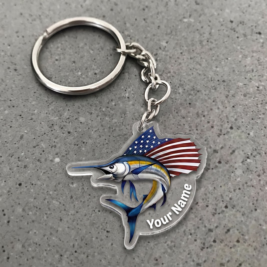 Maxcorners Marlin Fishing USA Flag Personalized Name 3D Keychain And Ornament