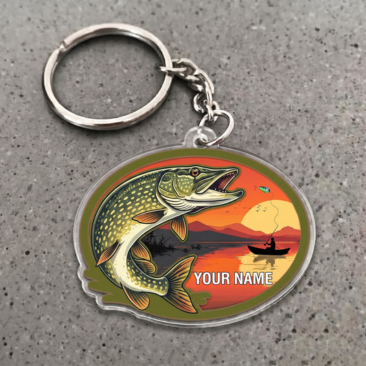 Maxcorners Pike Fishing Sunset Angler Personalized Name 3D Keychain And Ornament