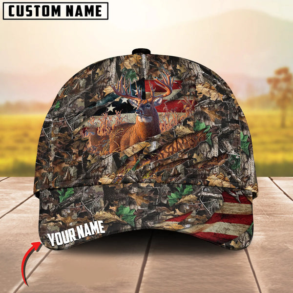 Maxcorners Deer Hunting USA Flag Crack Camo Pattern Personalized Name 3D Cap