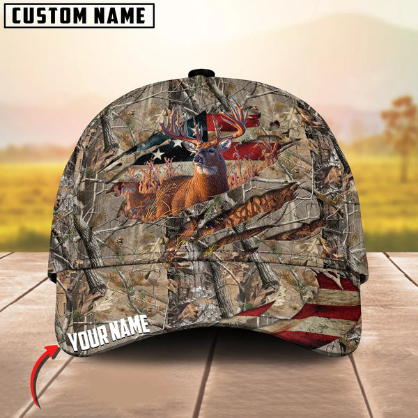 Maxcorners Deer Hunting USA Flag Crack Camo Pattern Personalized Name 3D Cap