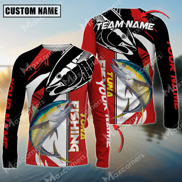 Maxcorners Tuna Fishing Black And Red Pattern Pro Sport Jersey Sun Protection Personalized Name And Team Name Long Sleeve Shirt