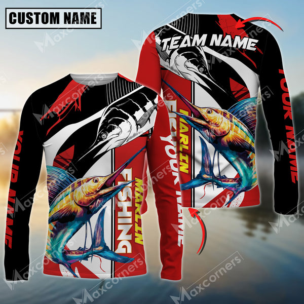 Maxcorners Marlin Fishing Black And Red Pattern Pro Sport Jersey Sun Protection Personalized Name And Team Name Long Sleeve Shirt