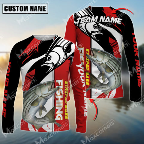 Maxcorners Striped Bass Fishing Black And Red Pattern Pro Sport Jersey Sun Protection Personalized Name And Team Name Long Sleeve Shirt