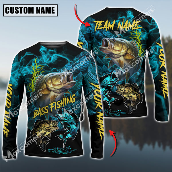 Maxcorners Bass Fishing Blue Smoke Camo Sun Protection Personalized Name, Team Name Long Sleeve Shirt