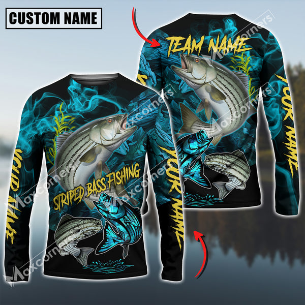 Maxcorners Striped Bass Fishing Blue Smoke Camo Sun Protection Personalized Name, Team Name Long Sleeve Shirt