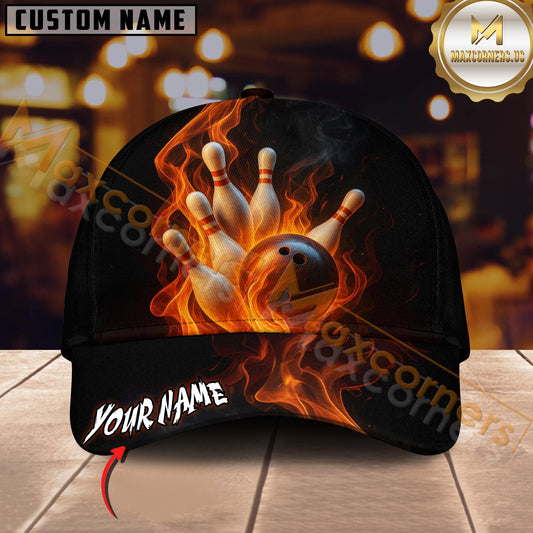 Maxcorners Flaming Strike Bowling Multicolor Personalized Name 3D Cap