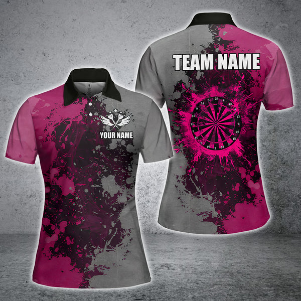 Maxcorners Personalized Darts Paint Pink And Grey Dart Shirts For Women Custom Grunge Dart Team Jerseys