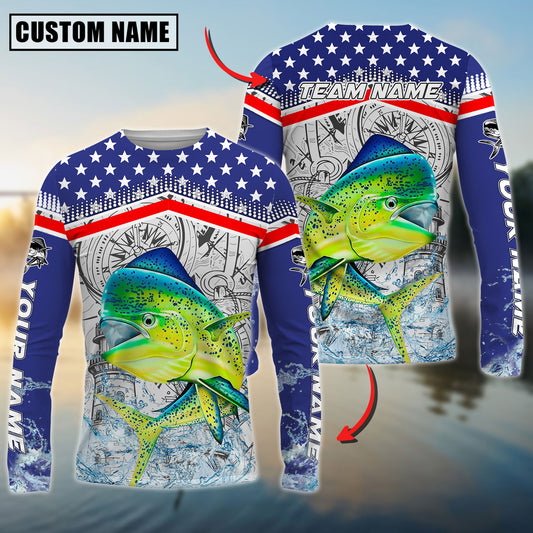 Maxcorners Mahi-Mahi Fishing American Anchor Compass Lighthouse Graphic Custom Name & Team Name 3D Shirts
