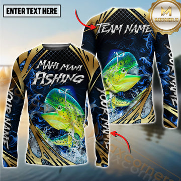 Maxcorners Fishing Blue Wave Gold Pattern Design Sun Protection Personalized Name, Team Name Long Sleeve Shirt